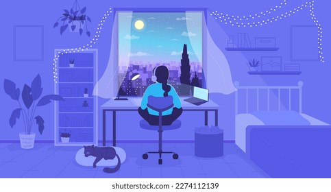 Girl doing homework with music in headphones flat color vector illustration. Nighttime bedroom. Hero image. Fully editable 2D simple cartoon character with nighttime window on background