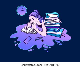 Girl doing homework at night flat hand drawn color illustration. Studying in the nighttime young woman cartoon character. Schoolgirl, teenager. Isolated vector drawing workplace