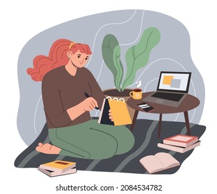 Сute girl doing homework or working and sitting on the floor at home. Freelance or studying concept. Hand drawn vector colorful flat cartoon style illustration