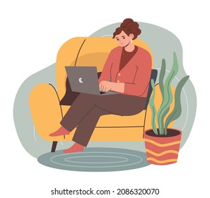 Сute girl doing homework or working and sitting on the sofa at home. Freelance or studying concept. Hand drawn vector colorful flat cartoon style illustration