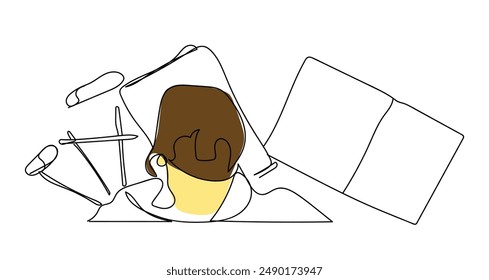 Girl doing homeworks on table illustration sketch doodle hand drawn with black lines isolated on white background. Holding pen and writing on a blank sheet of paper. Concept education design.