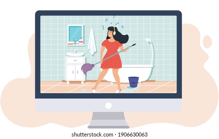 Girl doing house cleaning sings and dances washes floor with mop illustration on monitor screen. Young woman housewife listening to music on headphones, dancing playing broom like guitar in livingroom