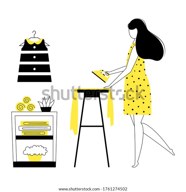 家事をする女の子 若い女性の家政婦 または下女のアイロンをかける服を乗せている 主婦のキャラクターと鉄 ベクターイラスト のベクター画像素材 ロイヤリティフリー