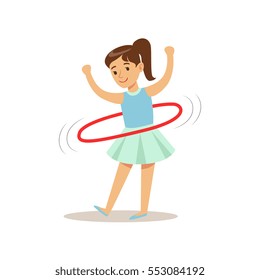 Girl Doing Hula-hoop, Kid Practicing Different Sports And Physical Activities In Physical Education Class