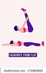 Girl doing Jackknife From Flat, Woman workout fitness, aerobic and exercises. Vector Illustration.