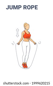 Girl Doing Jump Rope Exercise Fitness Home Workout Guidance Illustration. Skipping Rope Sports Exercise for Woman Legs, Abs and Core Training. Vector concept.