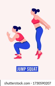 Girl doing Jump Squat exercise, Woman workout fitness, aerobic and exercises. Vector Illustration.