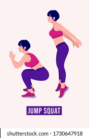 Girl doing Jump Squat exercise, Woman workout fitness, aerobic and exercises. Vector Illustration.