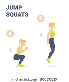 Girl Doing Jump Squats Exercise Guidance. Illustration of a Young Woman in Sportswear Top, Leggings, and Sneakers Do the Squats and Jumps Sequentially.