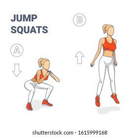 Girl doing Jump Squats silhouettes. Squatting jumps workout illustration - a young woman in sportswear (top, leggings, and sneakers) does the squats and jumps exercise sequentially. Sport clipart.