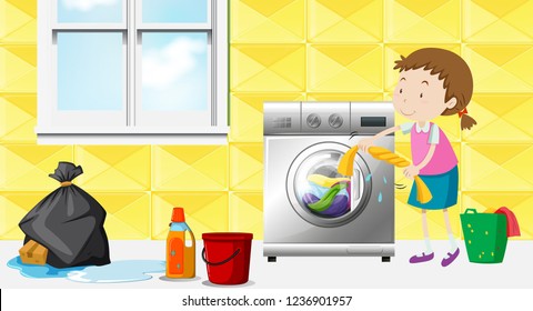 Girl doing laundry in the room illustration