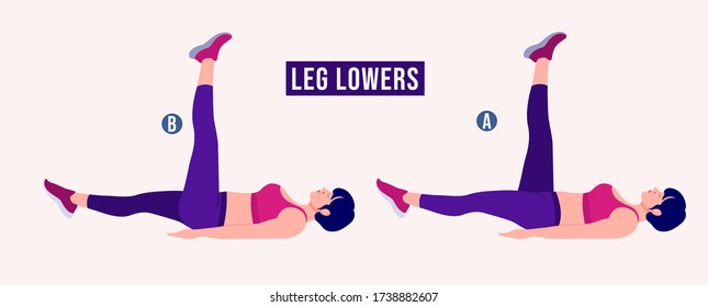 Girl doing Leg Lowers exercise, Woman workout fitness, aerobic and exercises. Vector Illustration.