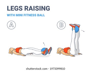 Girl Doing Leg Raise With Fitness Mini Ball Home Workout Exercise Guidance Illustration. Female Raising Legs With Barre Ball. Sports Target Abs And Build Core Strength Routine.