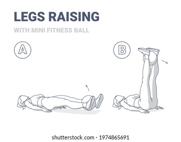 Girl Doing Leg Raise With Fitness Mini Ball Home Workout Exercise Guidance Illustration. Female Raising Legs With Barre Ball. Sports Target Abs And Build Core Strength Routine.