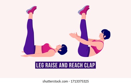Girl doing Leg Raise and Reach Clap exercise, Woman workout fitness, aerobic and exercises. Vector Illustration.
