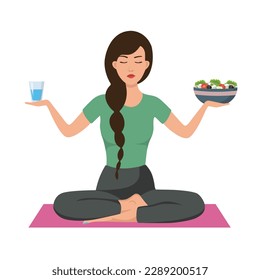 Girl doing lotus pose and holding Bowl of fresh vegetable salad, healthy food. Flat style. yoga vector illustration.