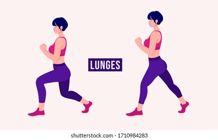 Girl doing Lunges exercise, Woman workout fitness, aerobic and exercises. Vector Illustration.