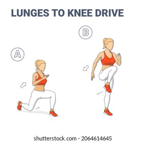 Girl Doing Lunges to Knee Drive Home Exercise Guidance. Reverse Lunges to Knee Hops Athletic Young Woman in Sportswear Top, Leggings, and Sneakers Does Fitness Workout Exercise.