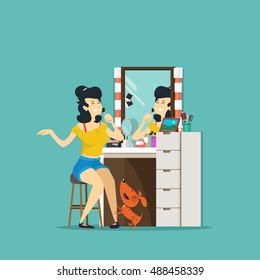 Girl doing make up at the mirror. Vector illustration.