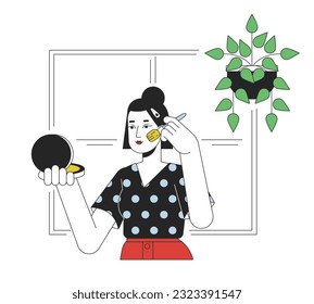 Girl doing makeup flat line concept vector spot illustration. Asian girl looking at mirror 2D cartoon outline character on white for web UI design. Beauty routine editable isolated colorful hero image