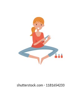Girl doing manicure applying nail polish, beauty treatment, young woman taking care of herself vector Illustration on a white background