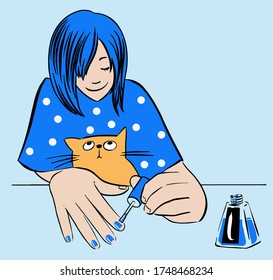 a Girl doing manicure at home applying nail polish applying polish . Vector illustration