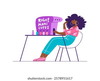 Girl doing manicure using a manicure robot. Hand drawn vector illustration about new technologies.