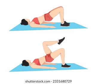 Girl doing Marching glute bridge exercise. Flat vector illustration isolated on white background