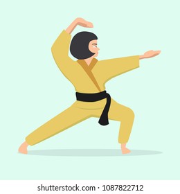 girl doing martial art exercise vector cartoon illustration in flat style
