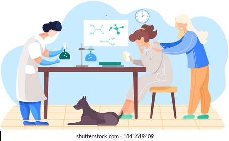 The girl is doing massage to the player. Female character with cards in her hands. The woman is working with a flask with unknown substance. Chemical research in the lab. The dog lies under the table