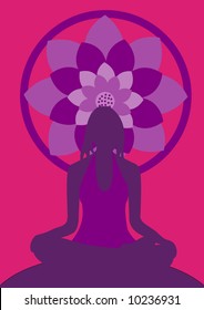 Girl doing meditation behind the purple lotus.