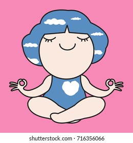 Girl Doing Meditation With Peaceful Cloud In The Head And In The Cloud Shaped Heart Mind Concept Card Character illustration