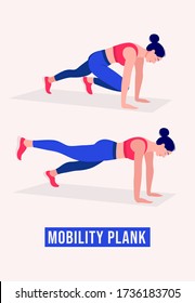 Girl doing Mobility Plank exercise, Woman workout fitness, aerobic and exercises. Vector Illustration.