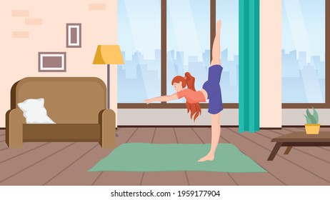 
Girl is doing morning exercises. Sport activity at home. Vector illustration