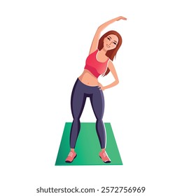 Girl doing morning exercises, girl doing sports, doing exercises, fitness, dancing, group sports. Flat Vector Illustration.