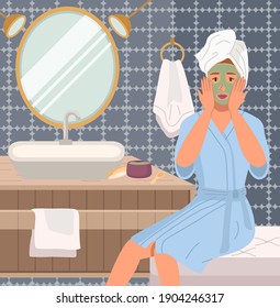 Girl doing morning routine in the bathroom. Woman applying face mask to skin vector illustration. Female character smears skin care product. Person is using cosmetics to take care of her face