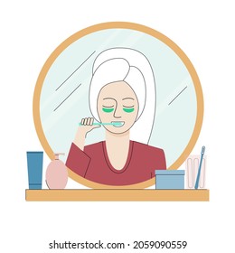 Girl doing morning routine vector illustration. Woman with eye patches brushing teeth. Bathroom concept.