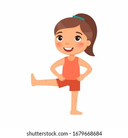 Girl doing morning sport exercises flat vector illustration. Young female cartoon character standing, raising leg. Smiling child gymnastic training, athletic workout isolated on white background