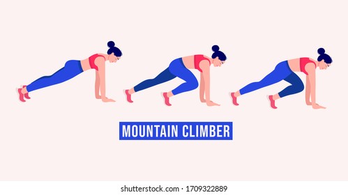 Girl doing  MOUNTAIN CLIMBER exercise, Woman workout fitness, aerobic and exercises. Vector Illustration.