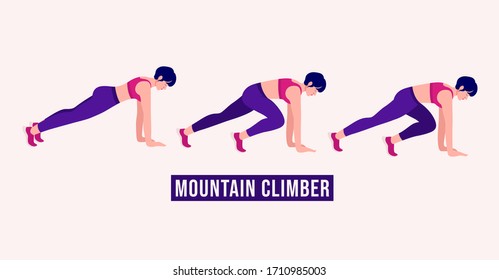 Girl doing MOUNTAIN CLIMBER exercise, Woman workout fitness, aerobic and exercises. Vector Illustration.