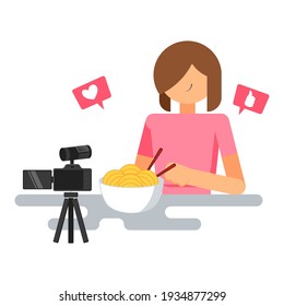 Girl doing mukbang flat illustration, food vlogger, content creator illustration