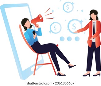 Girl doing online marketing with megaphone.