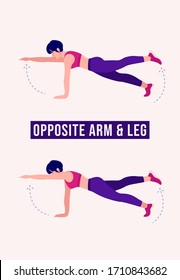 Girl doing Opposite Arm & Leg, Woman workout fitness, aerobic and exercises. Vector Illustration.