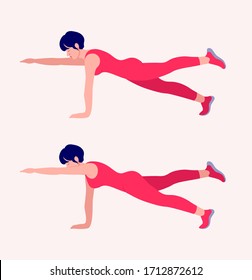 Girl doing Opposite Arm & Leg exercise, Woman workout fitness, aerobic and exercises. Vector Illustration.