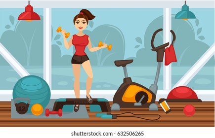 Girl doing physical exercises with dumbbells in gym