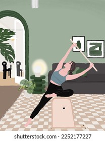 A girl doing pilates at home - a concept illustration of pilates chair exercise