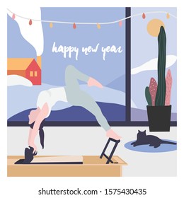 A girl doing pilates in winter - a concept illustion of exercise, yoga, working out