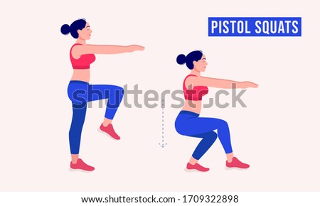 Girl doing  PISTOL SQUAT exercise, Woman workout fitness, aerobic and exercises. Vector Illustration.
