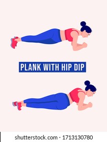 Girl doing Plank With Hip Dip exercise, Woman workout fitness, aerobic and exercises. Vector Illustration.