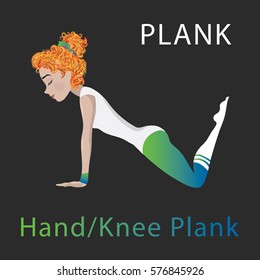 Girl doing plank, yoga. Isolate background. Fitness exercising for woman. Hand and knees plank